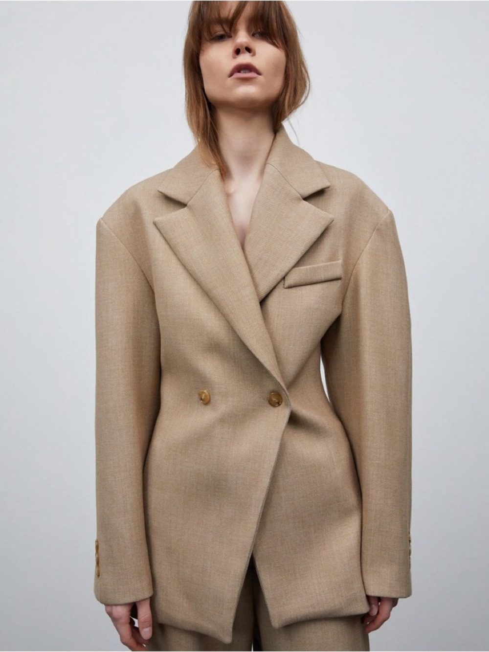 SOURCE UNKNOWN - SOLD OUT NANGY DOUBLE BREASTED CINCHED BLAZER, TAN BEIGE